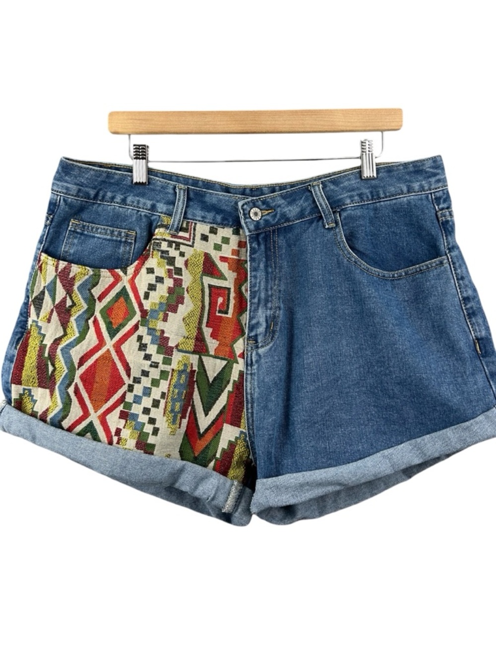 Jean Shorts with Multicolor Aztec Textured Plus Size Size 1X